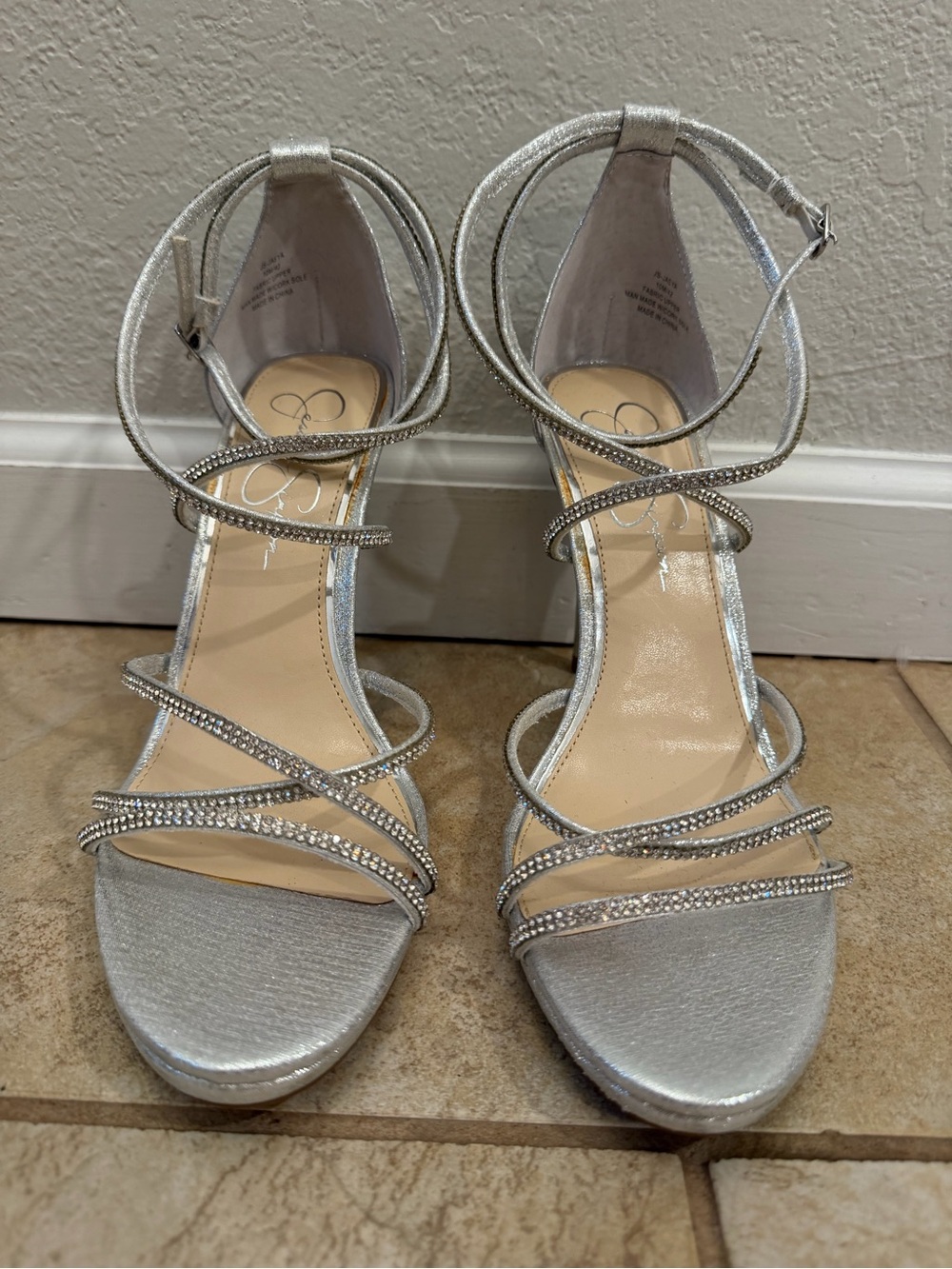 Jessica Simpson Jaeya Silver Rhinestone Strappy Stiletto Heels Size 10M